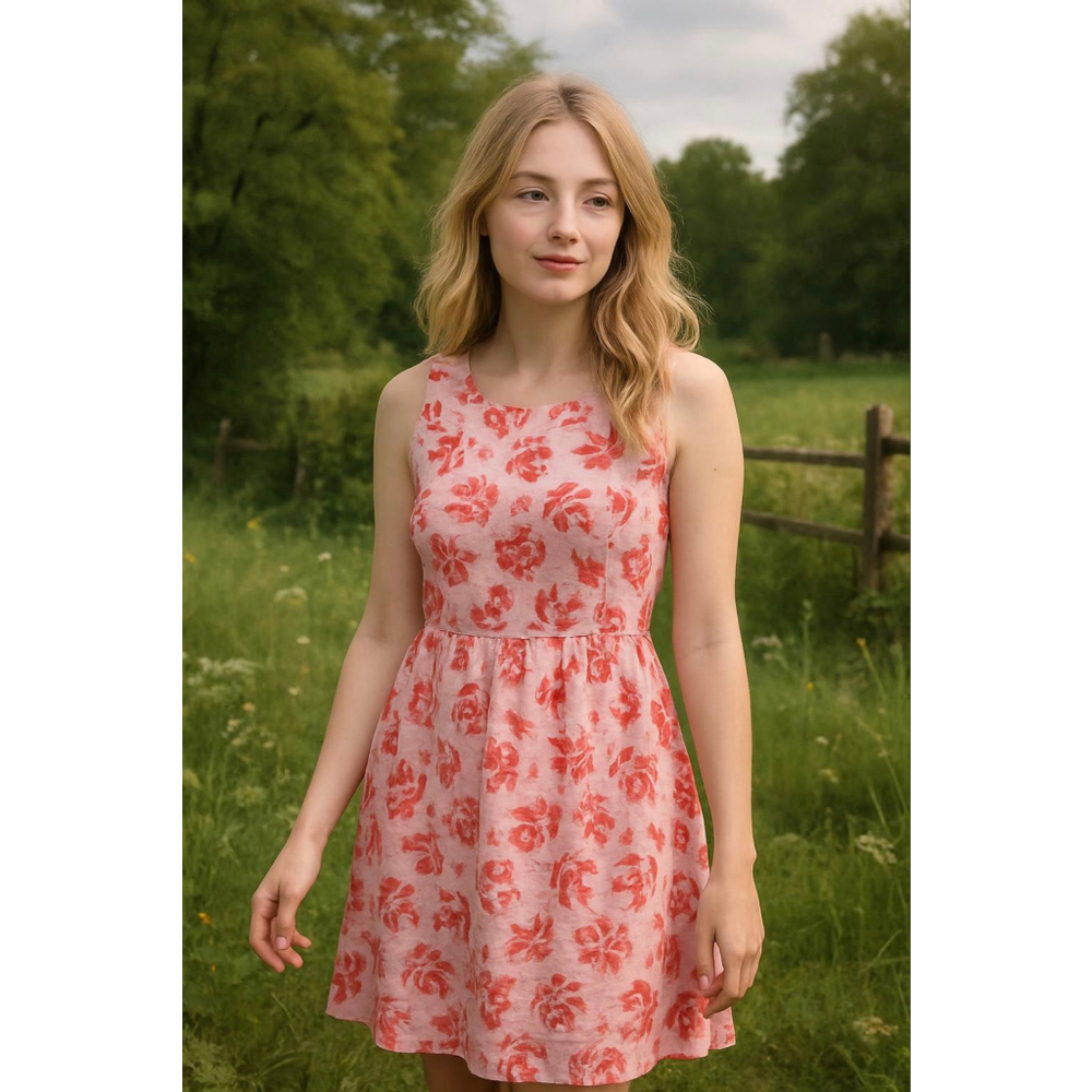 Women's Kensie Floral Dress Pink Size L Round Neck Babydoll Peasant Cottagecore